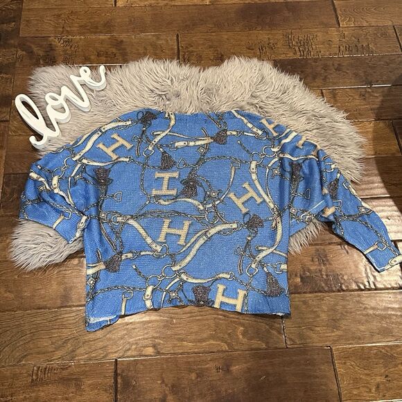 Free For Humanity Sweater Size 8 Viscose Halston Graphic Metallic Chains Italy - Picture 3 of 5